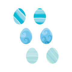 Set of Easter eggs with different texture, blue tint. Spring holiday. Vector Illustration.