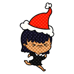 annoyed comic book style illustration of a girl wearing santa hat