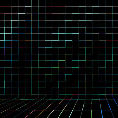 Abstract multicolored background, with lines and squares on the wall in perspective.