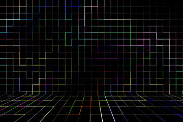 Abstract multicolored background, with lines and squares on the wall in perspective.