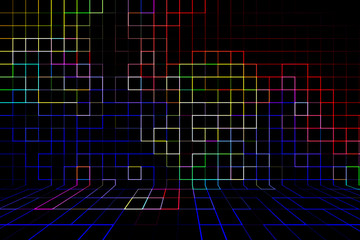 Abstract multicolored background, with lines and squares on the wall in perspective.