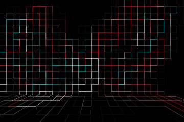 Abstract multicolored background, with lines and squares on the wall in perspective.