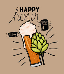 happy hour beers label with glass and leafs