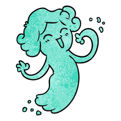 textured cartoon doodle of a happy pink ghost