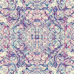Abstract seamless pattern with mirrored symmetrical, marbled shapes in burgundy, purple, cream and smoky grey and blue.