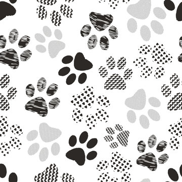 Illustration of cats' and dogs' paw prints with geometric patterns. Perfect for gifts, background, fabric and scrapbooking.