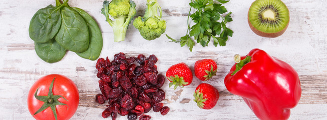 Fruits and vegetables as sources vitamin C, fiber and minerals, strengthening immunity and healthy eating concept