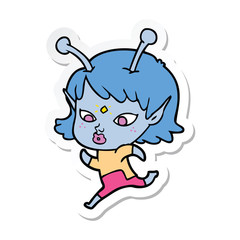 sticker of a pretty cartoon alien girl running