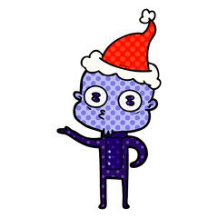 comic book style illustration of a weird bald spaceman wearing santa hat