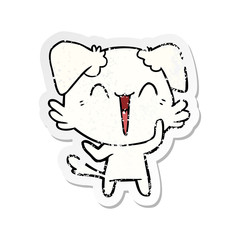 distressed sticker of a happy little dog cartoon