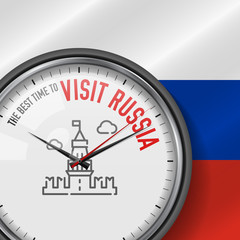 The Best Time for Visit Russia. Vector Clock with Slogan. Russian Flag Background. Analog Watch. Moscow Kremlin Icon