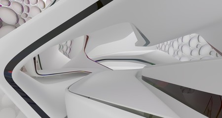 Abstract white and colored gradient glasses interior multilevel public space with window. 3D illustration and rendering.