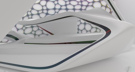 Abstract white and colored gradient glasses interior multilevel public space with window. 3D illustration and rendering.