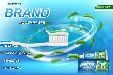 Whitening toothpaste ads, mint leaves background. Tooth model and product package design for toothpaste poster or advertising. 3d Vector illustration.