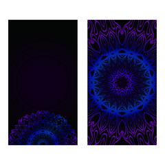 Cards Or Invitations Set With Mandala Design . The Front And Rear Side. Vector Illustration. Blue, black color