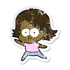 distressed sticker of a happy cartoon girl