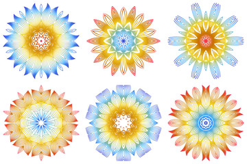 Set of 6 Ornamental Arabic Pattern With Mandala. Vintage Vector For Print Or Web Design. Invitation, Wedding Card, National Design. Rainbow color
