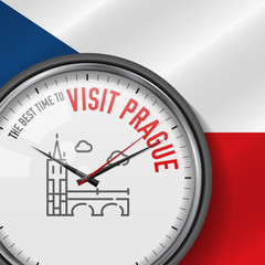 The Best Time for Visit Prague. White Vector Clock with Slogan. Czech Flag Background. Analog Watch. Charles Bridge Icon