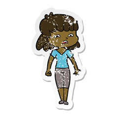 distressed sticker of a cartoon worried woman