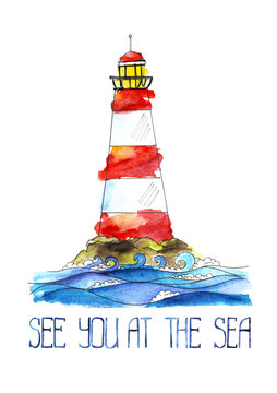 The hight Lighthouse with white and red stripes stands on top of a cliff above the waves. Handwriting text see you at sea