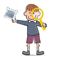 philatelist, boy with magnifying glass and postage stamp