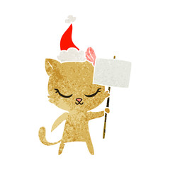 cute retro cartoon of a cat with sign wearing santa hat