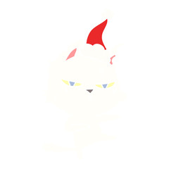 tough flat color illustration of a cat wearing santa hat