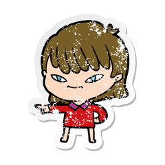 distressed sticker of a cartoon pointing woman