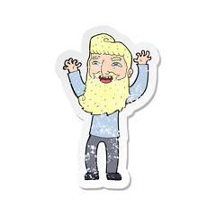 retro distressed sticker of a cartoon happy bearded man waving arms