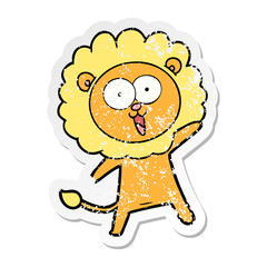 distressed sticker of a happy cartoon lion