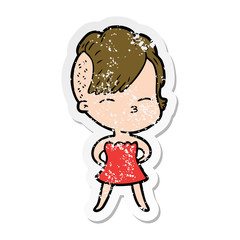 distressed sticker of a cartoon squinting girl in dress