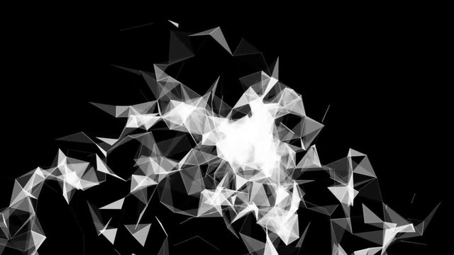 Abstract Geometrical low polygonal explosion animation with black background and white triangles