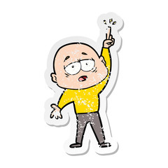 distressed sticker of a cartoon tired bald man with idea