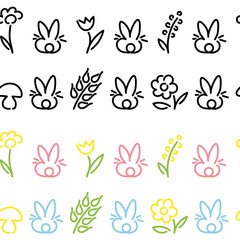 Obraz premium Seamless Borders. Cute rabbits, flowers, circles, diamonds. Design for children's clothing, ribbons, postcards. Vector.
