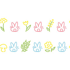 Seamless Borders. Cute rabbits, flowers, circles, diamonds. Design for children's clothing, ribbons, postcards. Vector.