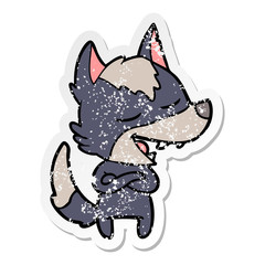 distressed sticker of a cartoon wolf laughing