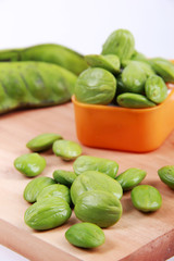 Parkia speciosa seeds or bitter bean on white background