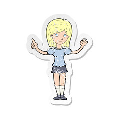 retro distressed sticker of a cartoon woman explaining idea