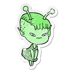 distressed sticker of a cute cartoon alien girl
