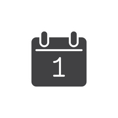 Day 1 calendar vector icon. filled flat sign for mobile concept and web design. Calendar date - day one glyph icon. Reminder symbol, logo illustration. Pixel perfect vector graphics