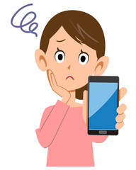 スマートフォンを手に持ち困る女性