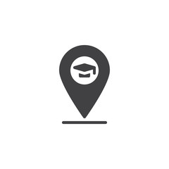 University location pin vector icon. filled flat sign for mobile concept and web design. Map marker with graduation cap glyph icon. Symbol, logo illustration. Pixel perfect vector graphics