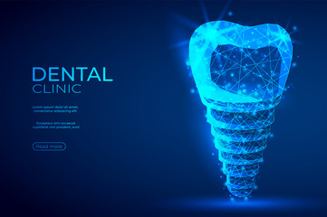 Dental implant polygonal genetic engineering abstract background. The isolated concept of  dental and orthodontics consists of low poly wireframe, geometry triangle, lines, dots, polygons, shapes. - obrazy, fototapety, plakaty