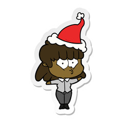 sticker cartoon of a whistling girl wearing santa hat