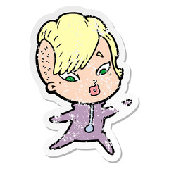 distressed sticker of a cartoon surprised girl in science fiction clothes