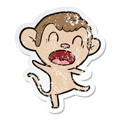 distressed sticker of a shouting cartoon monkey dancing