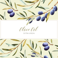 Watercolor package design for olive oil. Elegant background with tree branches.