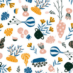 Isolated home decor elements in hand drawn style. Vector scandinavian interior design . Seamless pattern with potted flowers,  vases and  branches.