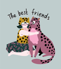 Friendly poster design with leopard and girl. hugs and love. Wild animal print design. Vector illustration.