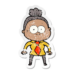 distressed sticker of a cartoon happy old woman
